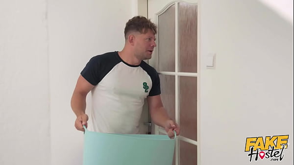 Fake Hostel - Asian Russian babe with beautiful fit body gets STUCK inside a washing machine and takes cumshot in her mouth